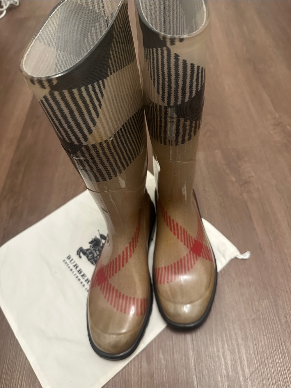 Burberry Khaki Plaid Rain Boots with Red Accent